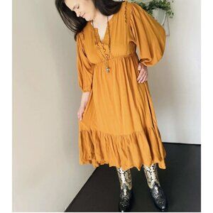 UMGEE Marigold Split Neck Dolman Sleeve Midi Dress Boho Peasant Cottagecore